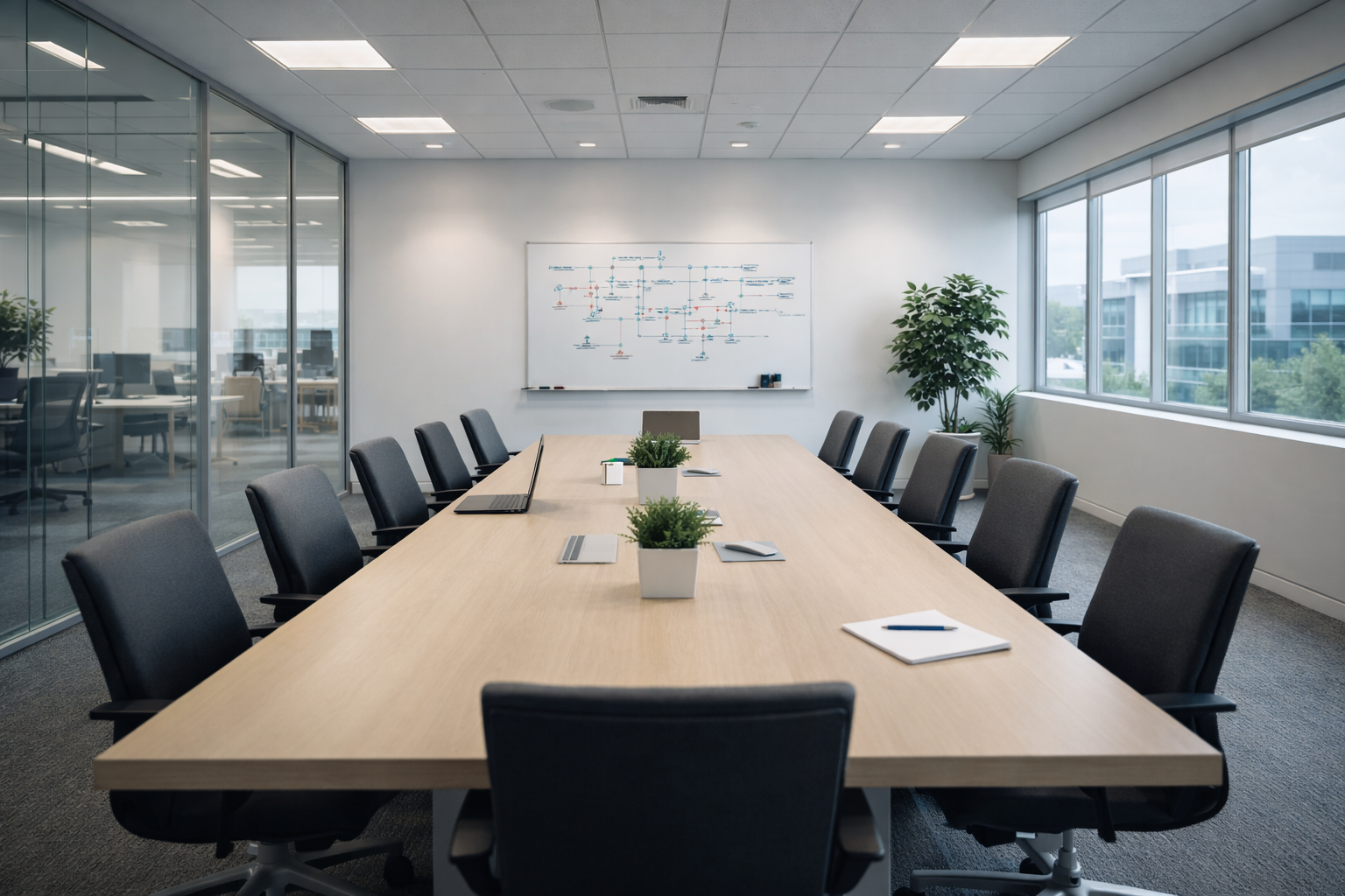 Professional conference room with network diagram on whiteboard